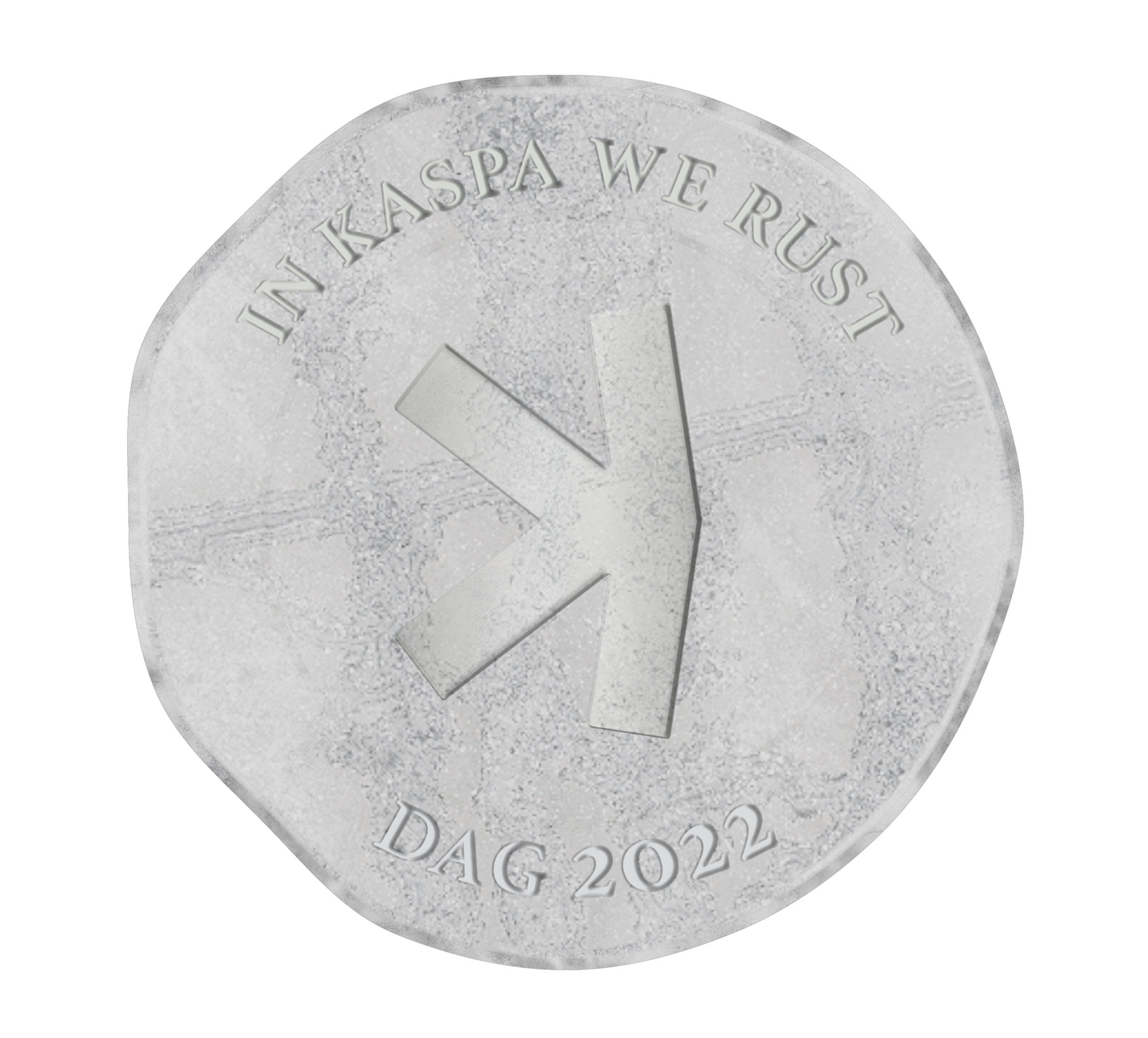 Kaspa sølvmynt med teksten In Kaspa We Rust