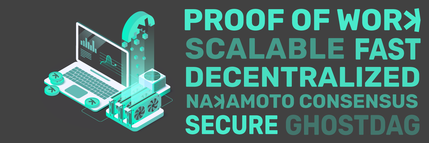 Kaspa illustrasjon med teksten Proof-of-Work, Scalable, Fast, Decentralized, Secure, GHOSTDAG